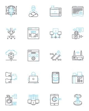 Web applications linear icons set. Responsive, Scalable, Intuitive, Secure Illustrazione stock