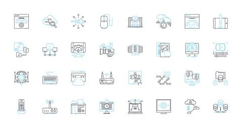 Web applications linear icons set. Responsive, Scalable, Intuitive, Secure Illustrazione stock