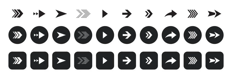 Web arrow cursor button icon set. Flat round square style arrows collection Stock Illustration