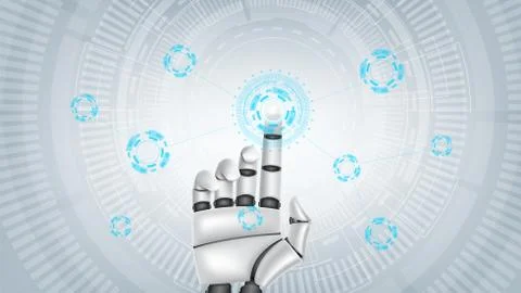 Web bammer with Robot mechanical arm clicks on button Stock Illustration