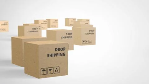 Web banner 3d render of boxed with dropshipping text on it. Modern online sales Illustrazione stock