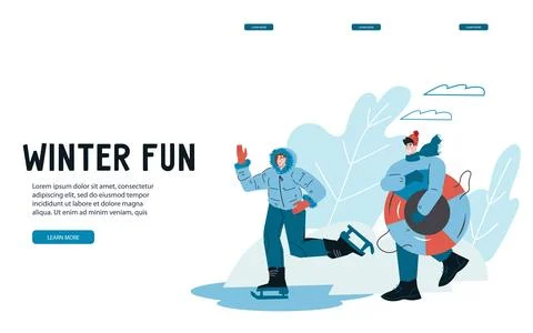Web banner with active young couple in winter season, flat vector. Stock Illustration