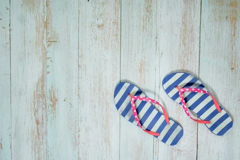 Web banner and flat lay summer time with swimsuit and beach accessories on vi Stock Photos