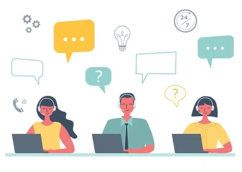 Web banner of call center workers. Support service icons Stock Illustration