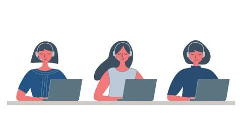 Web banner of call center workers. Young women in headphones sitting at table Stock Illustration