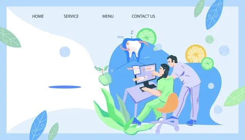 Web banner for dentistry with dentists using computer technology for oral car Illustrazione stock