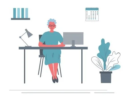 Web banner of an elderly office worker in the workplace Stock Illustration
