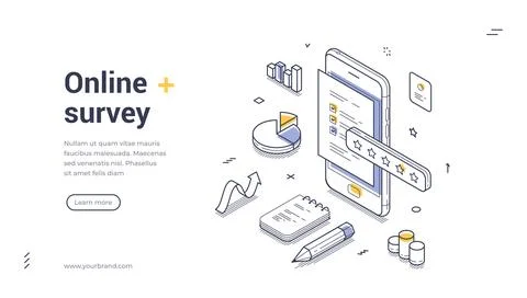 Web banner features isometric design focused on online surveys. It showcases  스톡 일러스트