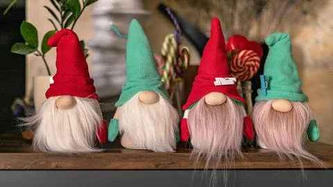 Web banner format. Snow gnomes or elves. Christmas toy. Selective focus Foto stock