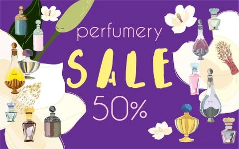 Web banner, invitation, post card. Text perfumery sale. Leaves, twigs and flo Stock Illustration
