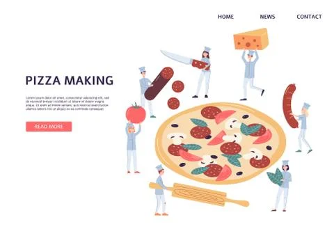 Web banner for pizzeria wit tiny chiefs making pizza, flat vector illustration. Stock Illustration