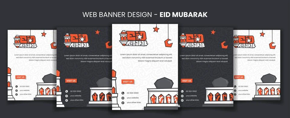 Web banner post for eid mubarak with typography design and cartoon mosque Stock Illustration