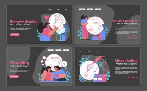 Web banner set showcasing eyebrow shaping, eyelash extensions, threading. Stock Illustration