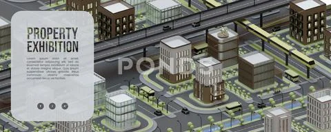 Web Banner Template With 3D Isometric City Illustration PSD Template