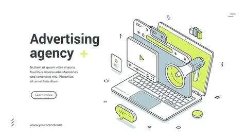 Web banner template for a digital advertising agency. Isometric vector illust Stock Illustration