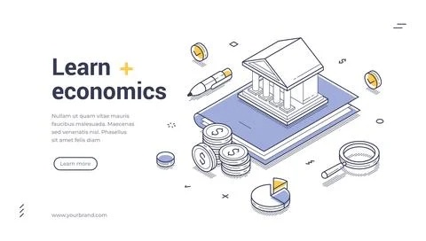 Web banner template features an isometric illustration focused on economics e Illustrazione stock