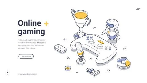 Web banner template features an isometric design showcasing gaming elements l Illustrazione stock