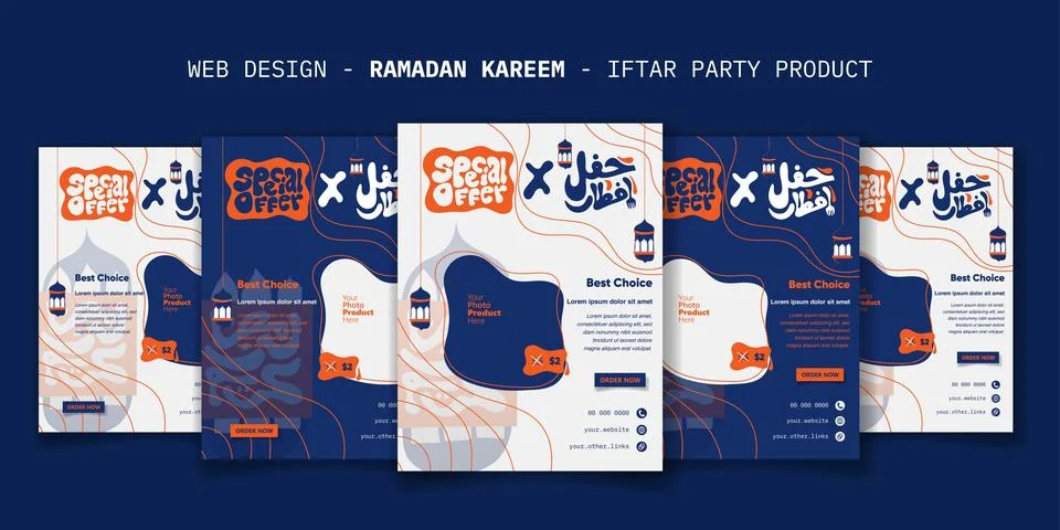 Web banner template for ramadan iftar party with arabic typography in blue .. Stock Illustration