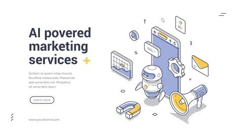 Web banner template showcases a modern marketing service powered by AI. Featu Stock Illustration