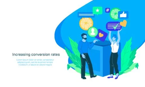 Web banner on topic of leads generation and conversion rate, flat vector. Illustrazione stock