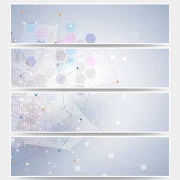 Web banners set, molecular design header layout templates. Molecule structure 스톡 일러스트