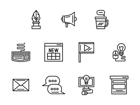 Web blog black line vector icons set Stock Illustration