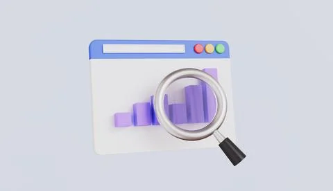 Web browser with bar graph and magnifying glass, data analysis and financial Stock Illustration