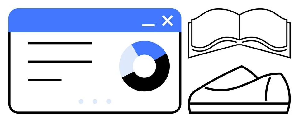 Web browser interface, pie chart, open book, and shoe. Representing digital.. Stock Illustration
