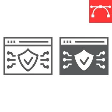 Web browser protection line and glyph icon, security and shield, web antivirus Stock Illustration