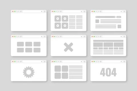 Web browser window, pages layout with toolbar and search field. Modern website 库存插图