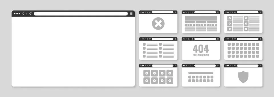 Web browser window, pages layout with toolbar and search field. Modern website Illustrazione stock