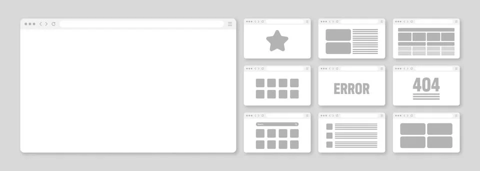 Web browser window, pages layout with toolbar and search field. Modern website Stock Illustration