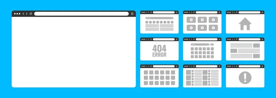 Web browser window, pages layout with toolbar and search field. Modern website Stock Illustration