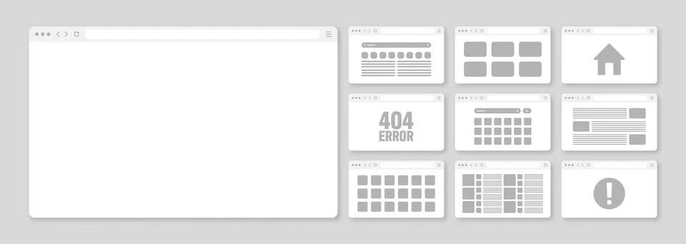 Web browser window, pages layout with toolbar and search field. Modern website Illustrazione stock