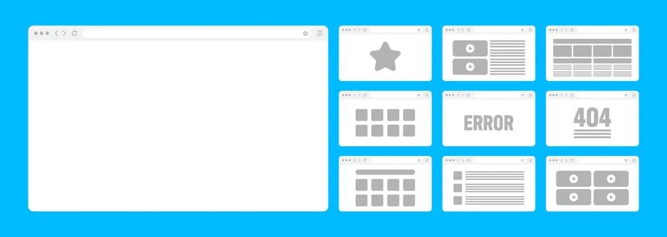 Web browser window, pages layout with toolbar and search field. Modern website Illustrazione stock