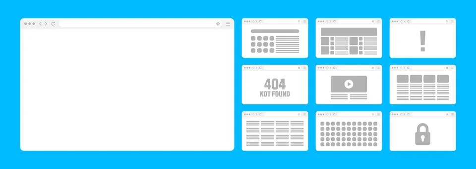 Web browser window, pages layout with toolbar and search field. Modern website Illustrazione stock