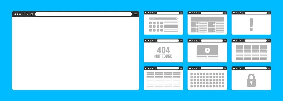 Web browser window, pages layout with toolbar and search field. Modern website Illustrazione stock