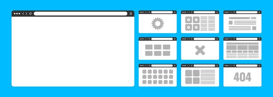 Web browser window, pages layout with toolbar and search field. Modern website Stock Illustration