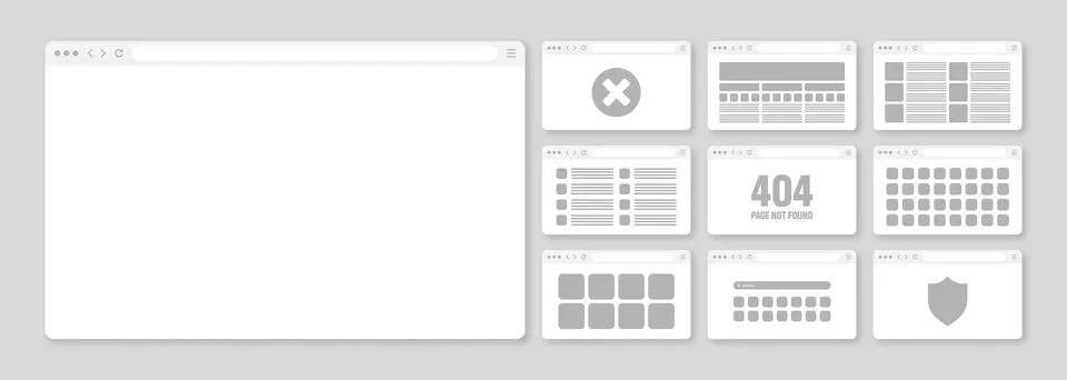 Web browser window, pages layout with toolbar and search field. Modern website Stock Illustration