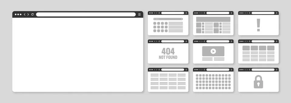 Web browser window, pages layout with toolbar and search field. Modern website Stock Illustration
