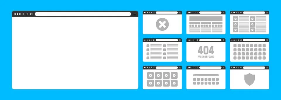 Web browser window, pages layout with toolbar and search field. Modern website Stock Illustration