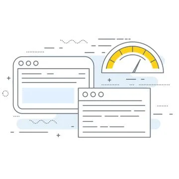 Web browser window with speedometer testing - website page load speed testing Stock Illustration