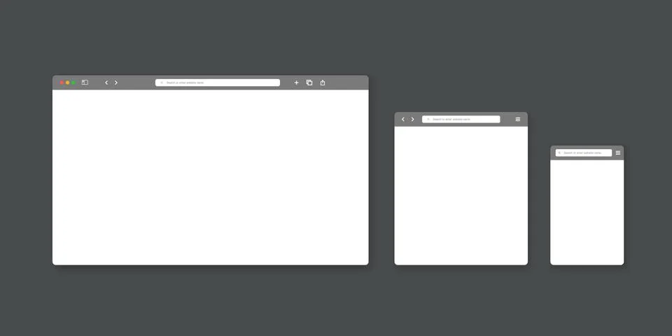 Web browser window template. Website browser different devices. Vector illust Illustrazione stock