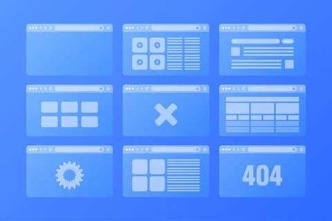 Web browser window, transparent pages layout with toolbar and search field Illustrazione stock