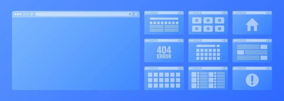 Web browser window, transparent pages layout with toolbar and search field Illustrazione stock