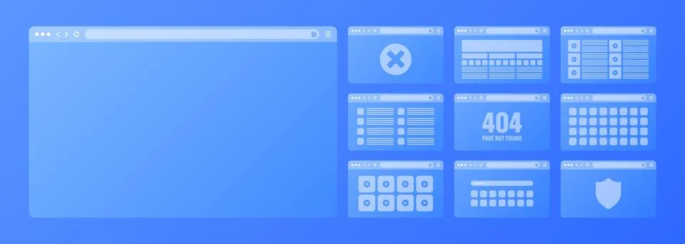 Web browser window, transparent pages layout with toolbar and search field Illustrazione stock