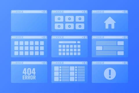Web browser window, transparent pages layout with toolbar and search field Illustrazione stock