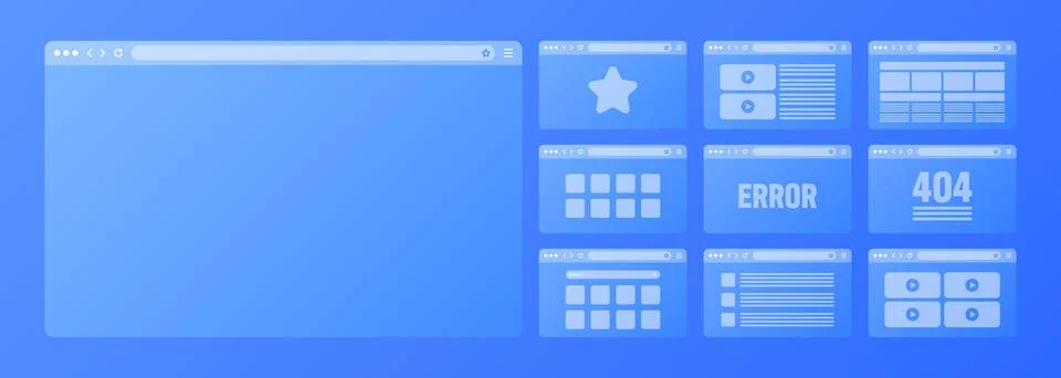 Web browser window, transparent pages layout with toolbar and search field Illustrazione stock