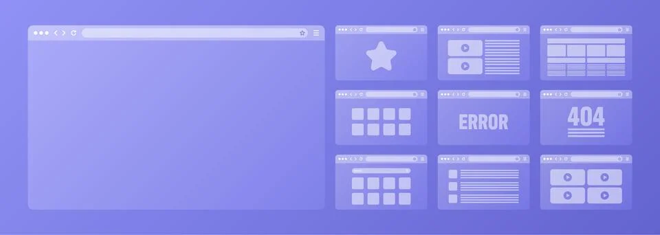 Web browser window, transparent pages layout with toolbar and search field Illustrazione stock