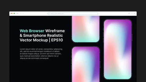 Web Browser Wireframe and Smartphone Realistic Vector Mockup. Gradient Stock Illustration